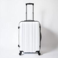 A sleek white suitcase with a retractable handle and wheels, designed for travel convenience photo