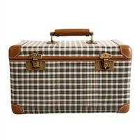 A vintage-style suitcase with a checkered pattern and leather accents for travel photo