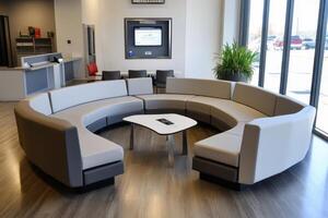Modern seating area featuring circular couches and a central table in a spacious environment photo