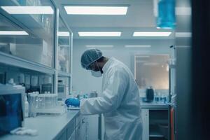 A scientist in a lab coat working with glassware in a modern laboratory setting photo