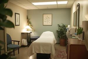 A serene treatment room with a massage table, plants, and calming decor photo