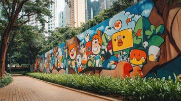 A vibrant mural featuring playful cartoon characters in a lush urban setting photo