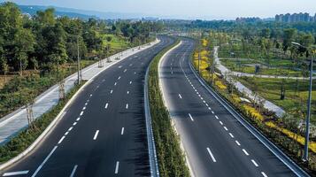 A scenic view of a divided road surrounded by greenery and urban development photo