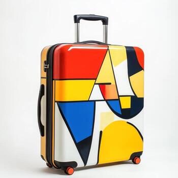 A colorful, modern suitcase featuring abstract geometric patterns for travel purposes photo