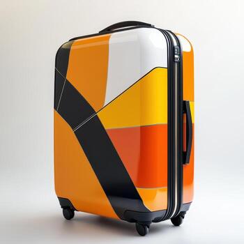 A colorful, modern suitcase with geometric patterns, designed for travel photo