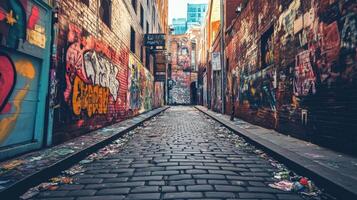 A vibrant urban alleyway adorned with colorful graffiti and scattered debris photo