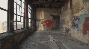 An abandoned industrial space with graffiti and debris, showcasing urban decay photo