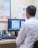 A doctor reviewing medical images on a computer in a clinical setting photo