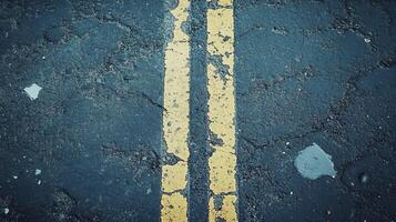 A close-up view of cracked asphalt featuring faded yellow double lines photo