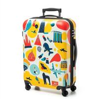 A colorful suitcase featuring travel-themed graphics and patterns photo