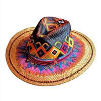 A colorful woven sombrero with vibrant geometric patterns, ideal for sun protection and cultural expression photo