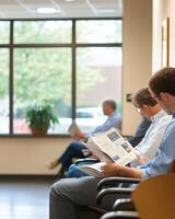 A waiting area with people reading newspapers in a calm, professional environment photo