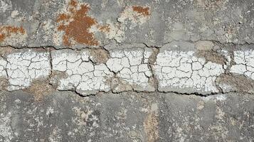 Cracked pavement with a faded white line, showing signs of weathering and age photo
