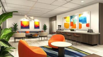 Modern lounge area with colorful decor and seating for relaxation and socializing photo