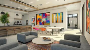Modern office space featuring a lounge area, meeting table, and vibrant artwork photo