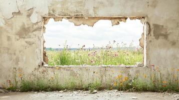 A broken wall frame revealing a vibrant field of wildflowers and greenery beyond photo