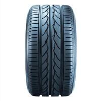 A close-up view of a car tire showcasing its tread design and structure. photo