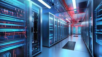 A modern server room with illuminated racks and organized cabling for data management photo