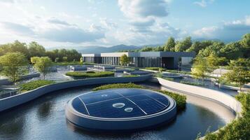 Modern facility surrounded by water features and greenery, emphasizing sustainability and innovation photo