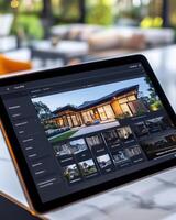 A tablet displaying a modern architectural design interface for a house photo