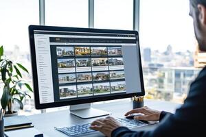 A person working on a computer displaying real estate listings in a modern office. photo