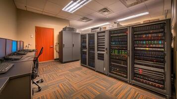A server room with computers and racks filled with data storage equipment photo