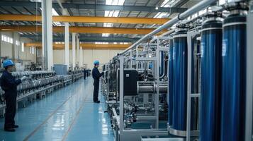 Industrial facility with workers and equipment for processing or manufacturing photo