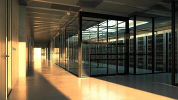 A modern corridor with glass walls and shelves, illuminated by soft sunlight photo