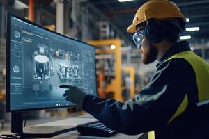 A worker in safety gear analyzes data on a computer screen in an industrial setting photo