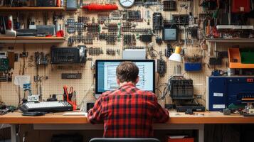A person working at a desk surrounded by various electronic components and tools photo