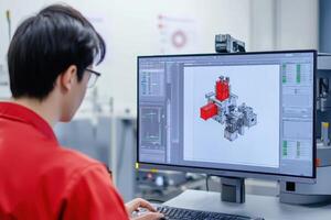 A person working on a computer displaying a 3D model in an industrial setting photo