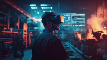 A person using virtual reality in an industrial setting for training or design purposes photo