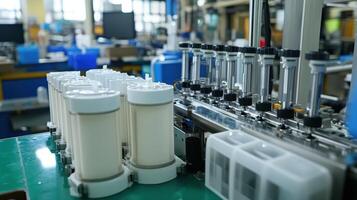 A close-up of industrial machinery and containers in a manufacturing setting photo