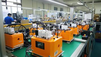 Assembly line with orange machinery in a manufacturing facility photo