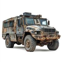 An old, rusty military vehicle with a rugged design, used for transportation and defense photo