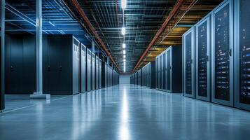 A corridor of server racks in a data center, showcasing modern technology infrastructure photo