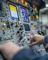 A close-up of an aircraft cockpit control panel with various instruments and displays photo