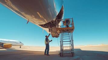 A technician inspects an aircraft engine using a ladder at an airfield photo