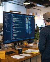 A person coding at a desk with a large monitor displaying programming code photo