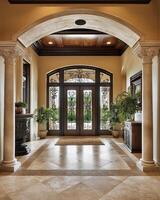 Elegant entrance hall with decorative features and natural light photo