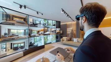 A man using augmented reality to view virtual interior designs on a large screen photo