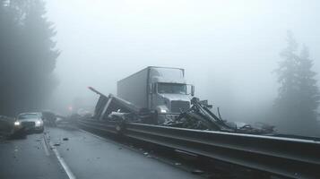 A truck accident scene on a foggy highway with damaged vehicles and debris photo