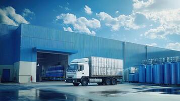 A truck parked outside a warehouse with blue barrels and a clear sky photo