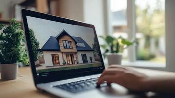 A person interacts with a laptop displaying a modern house design photo