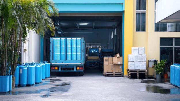 A delivery area with blue containers and boxes, indicating industrial activity photo