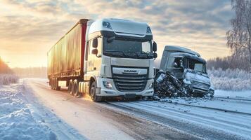 A winter road accident involving two trucks on a snowy highway during sunrise photo