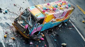 A colorful ice cream truck is wrecked, with ice cream scattered across the road photo
