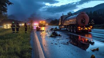 Emergency responders at a truck accident scene on a wet road during twilight photo