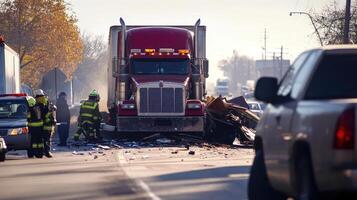 A truck accident scene with emergency responders and debris on the road photo
