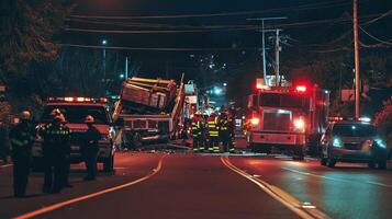 Emergency responders at a nighttime accident scene with vehicles and debris on the road photo